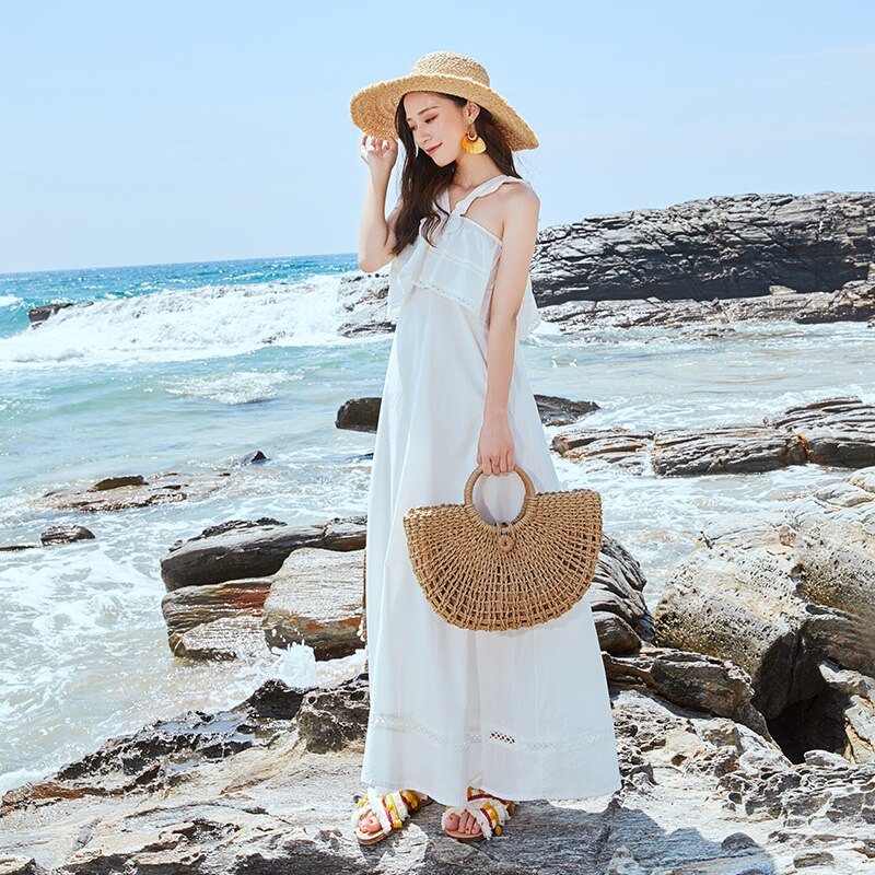 New straw bag paper rope round bucket hollow woven bag retro casual belt buckle hand bag