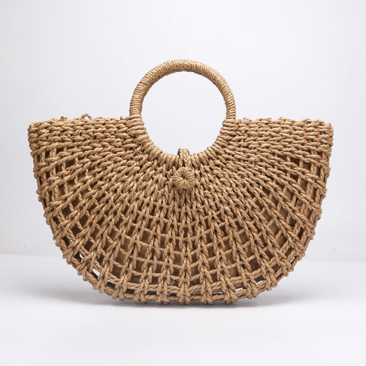 New straw bag paper rope round bucket hollow woven bag retro casual belt buckle hand bag